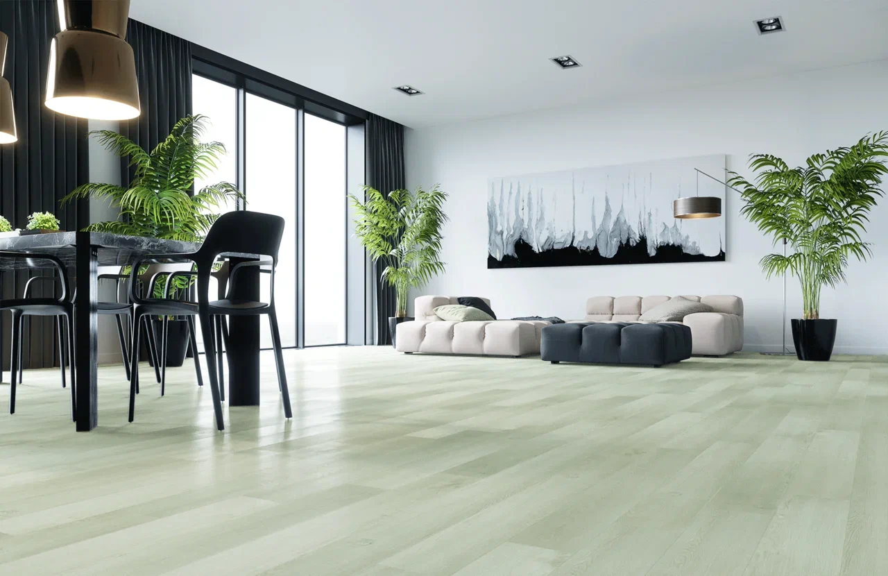 Кварцвиниловый SPC ламинат Home Expert Natural Дуб Северный ветер 2179-12 1220×150×3,5 фото в интерьере